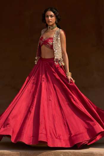 Bhumika Sharma_Red Satin, Net, Linen Sweetheart Neck, Lora Embroidered Short Jacket Skirt Set _Online_at_Aza_Fashions