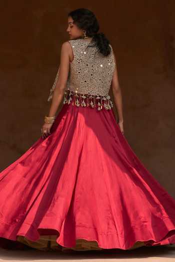 Shop_Bhumika Sharma_Red Satin, Net, Linen Sweetheart Neck, Lora Embroidered Short Jacket Skirt Set _at_Aza_Fashions