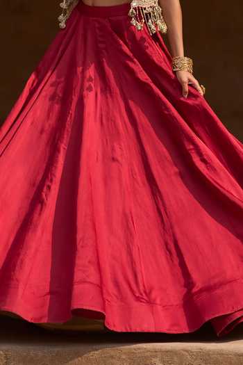 Buy_Bhumika Sharma_Red Satin, Net, Linen Sweetheart Neck, Lora Embroidered Short Jacket Skirt Set _Online_at_Aza_Fashions