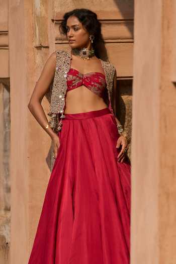 Shop_Bhumika Sharma_Red Satin, Net, Linen Sweetheart Neck, Lora Embroidered Short Jacket Skirt Set _Online_at_Aza_Fashions