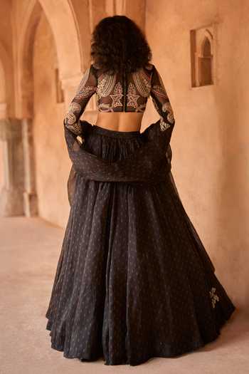 Shop_Bhumika Sharma_Black Organza, Net Round Neck Jasmine Embroidered Blouse Lehenga Set _at_Aza_Fashions