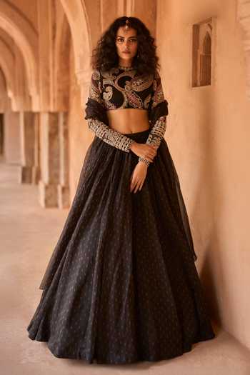 Buy_Bhumika Sharma_Black Organza, Net Round Neck Jasmine Embroidered Blouse Lehenga Set _at_Aza_Fashions