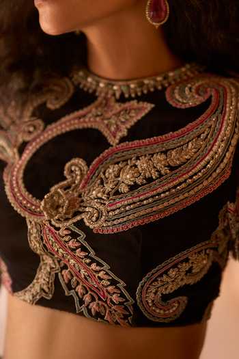 Shop_Bhumika Sharma_Black Organza, Net Round Neck Jasmine Embroidered Blouse Lehenga Set _Online_at_Aza_Fashions