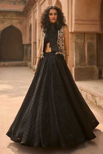 Buy_Bhumika Sharma_Black Organza, Net High , Round Esme Embroidered Short Jacket Skirt Set _Online_at_Aza_Fashions