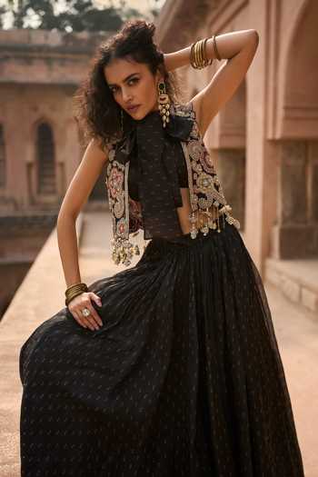 Shop_Bhumika Sharma_Black Organza, Net High , Round Esme Embroidered Short Jacket Skirt Set _Online_at_Aza_Fashions