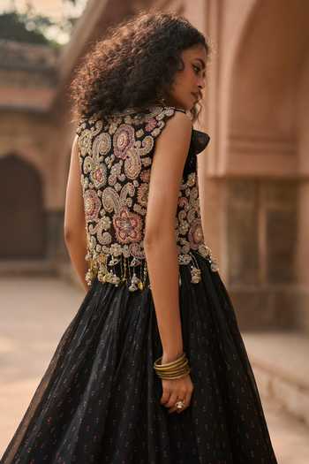 Shop_Bhumika Sharma_Black Organza, Net High , Round Esme Embroidered Short Jacket Skirt Set _at_Aza_Fashions