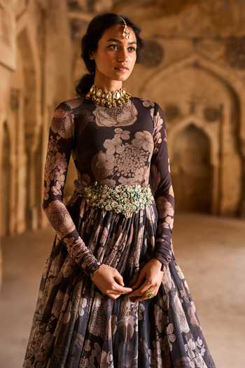 Bhumika Sharma_Black Organza, Lycra High Neck Floral Print Anarkali _Online_at_Aza_Fashions