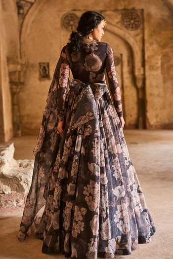 Shop_Bhumika Sharma_Black Organza, Lycra High Neck Floral Print Anarkali _at_Aza_Fashions
