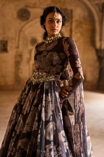 Buy_Bhumika Sharma_Black Organza, Lycra High Neck Floral Print Anarkali _Online_at_Aza_Fashions