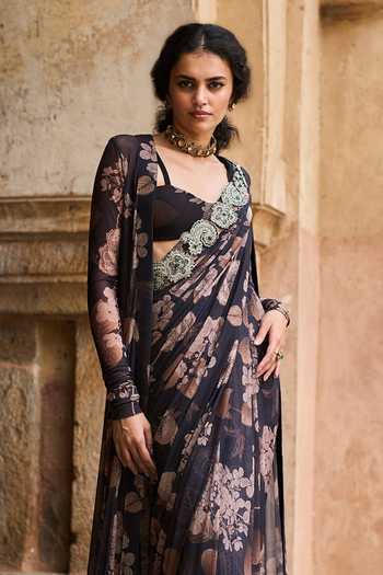 Bhumika Sharma_Black Lycra Open Neck Aisha Printed Saree Set With Jacket _Online_at_Aza_Fashions