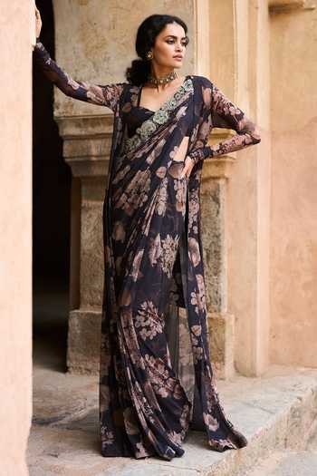 Buy_Bhumika Sharma_Black Lycra Open Neck Aisha Printed Saree Set With Jacket _at_Aza_Fashions