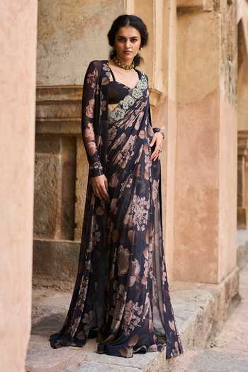 Buy_Bhumika Sharma_Black Lycra Open Neck Aisha Printed Saree Set With Jacket _Online_at_Aza_Fashions