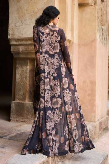 Shop_Bhumika Sharma_Black Lycra Open Neck Aisha Printed Saree Set With Jacket _at_Aza_Fashions