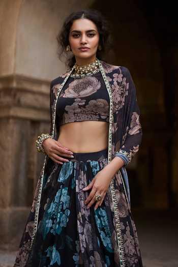 Bhumika Sharma_Black Organza, Lycra High Neck Lily Print Lehenga Set _Online_at_Aza_Fashions