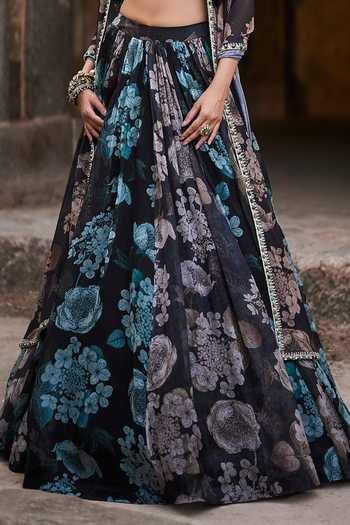 Buy_Bhumika Sharma_Black Organza, Lycra High Neck Lily Print Lehenga Set _Online_at_Aza_Fashions