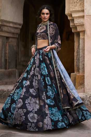 Shop_Bhumika Sharma_Black Organza, Lycra High Neck Lily Print Lehenga Set _Online_at_Aza_Fashions
