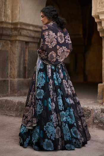 Shop_Bhumika Sharma_Black Organza, Lycra High Neck Lily Print Lehenga Set _at_Aza_Fashions