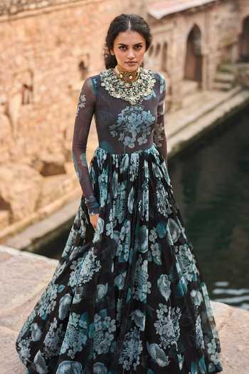 Bhumika Sharma_Black Organza, Lycra High Neck Maira Floral Print Anarkali _Online_at_Aza_Fashions