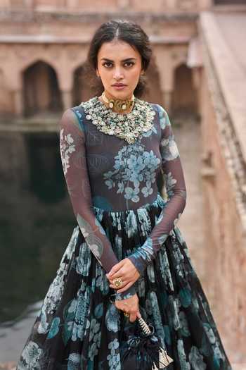 Buy_Bhumika Sharma_Black Organza, Lycra High Neck Maira Floral Print Anarkali _Online_at_Aza_Fashions