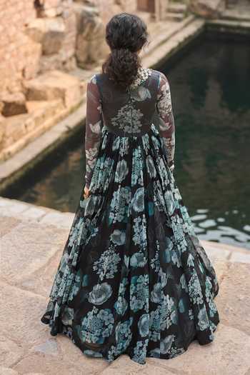 Shop_Bhumika Sharma_Black Organza, Lycra High Neck Maira Floral Print Anarkali _at_Aza_Fashions