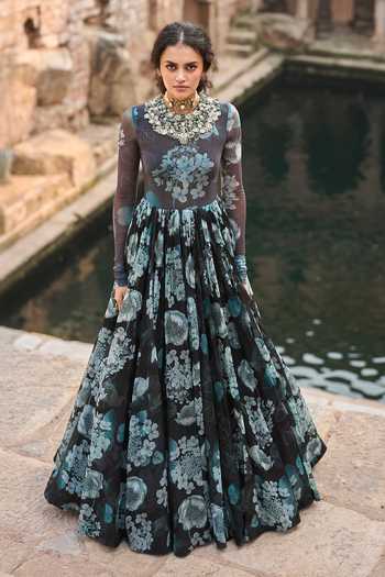 Buy_Bhumika Sharma_Black Organza, Lycra High Neck Maira Floral Print Anarkali _at_Aza_Fashions