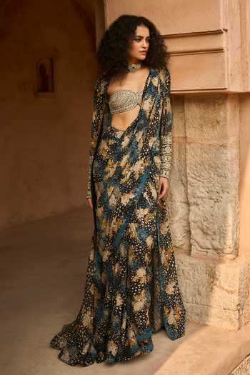 Buy_Bhumika Sharma_Black Lycra Sweetheart , Open Maya Printed Saree And Jacket Set _Online_at_Aza_Fashions