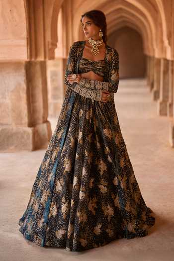 Bhumika Sharma_Black Organza Sweetheart , Open Adiva Printed Jacket Skirt Set _Online_at_Aza_Fashions