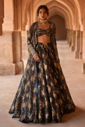 Buy_Bhumika Sharma_Black Organza Sweetheart , Open Adiva Printed Jacket Skirt Set _at_Aza_Fashions