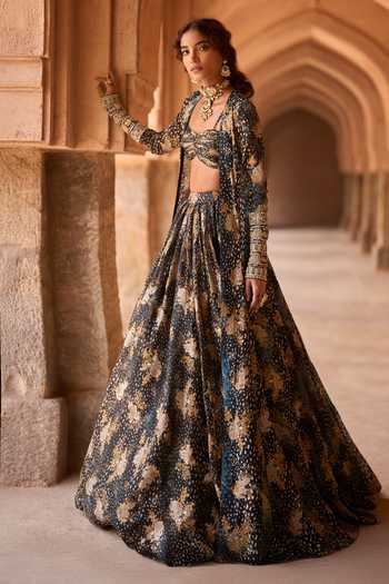 Buy_Bhumika Sharma_Black Organza Sweetheart , Open Adiva Printed Jacket Skirt Set _Online_at_Aza_Fashions