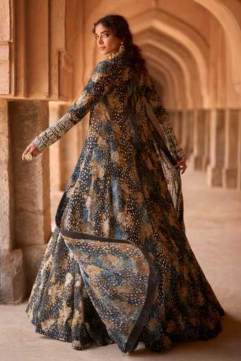 Shop_Bhumika Sharma_Black Organza Sweetheart , Open Adiva Printed Jacket Skirt Set _at_Aza_Fashions