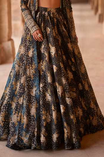 Shop_Bhumika Sharma_Black Organza Sweetheart , Open Adiva Printed Jacket Skirt Set _Online_at_Aza_Fashions