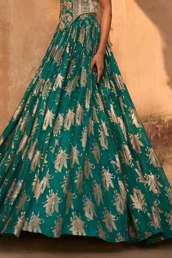 Bhumika Sharma_Green Organza Zari Scoop Neck Raya Printed Skirt And Corset Set _Online_at_Aza_Fashions
