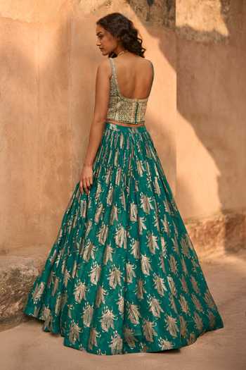 Shop_Bhumika Sharma_Green Organza Zari Scoop Neck Raya Printed Skirt And Corset Set _at_Aza_Fashions