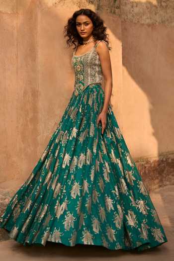 Buy_Bhumika Sharma_Green Organza Zari Scoop Neck Raya Printed Skirt And Corset Set _Online_at_Aza_Fashions