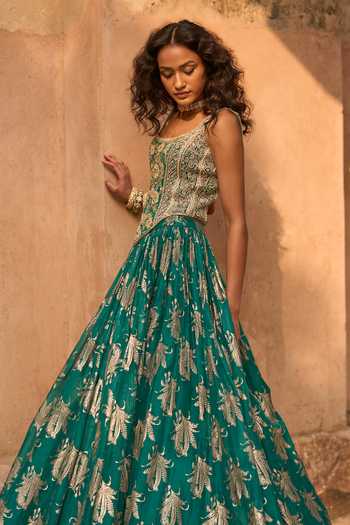 Shop_Bhumika Sharma_Green Organza Zari Scoop Neck Raya Printed Skirt And Corset Set _Online_at_Aza_Fashions