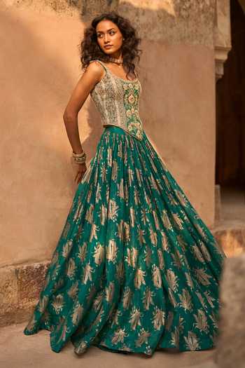 Buy_Bhumika Sharma_Green Organza Zari Scoop Neck Raya Printed Skirt And Corset Set _at_Aza_Fashions
