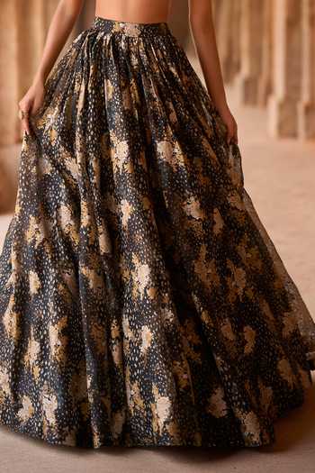 Shop_Bhumika Sharma_Black Organza Bandeau Neck Milie Printed Bustier And Skirt Set _Online_at_Aza_Fashions