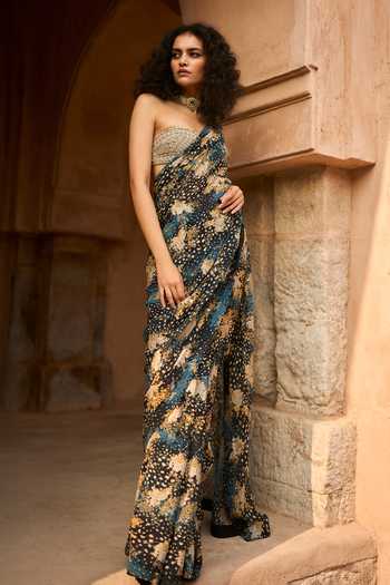 Buy_Bhumika Sharma_Black Georgette Bandeau Neck Arya Abstract Print Saree With Bustier _at_Aza_Fashions