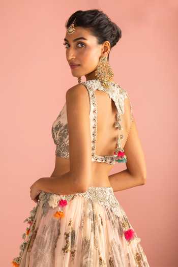 Shop_Bhumika Sharma_Gold Organza High Neck Farya Embroidered Blouse Skirt Set _at_Aza_Fashions