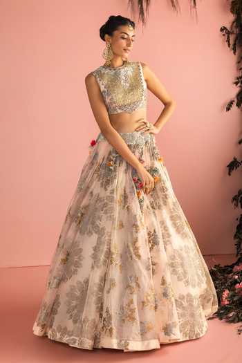 Bhumika Sharma_Gold Organza High Neck Farya Embroidered Blouse Skirt Set _Online_at_Aza_Fashions