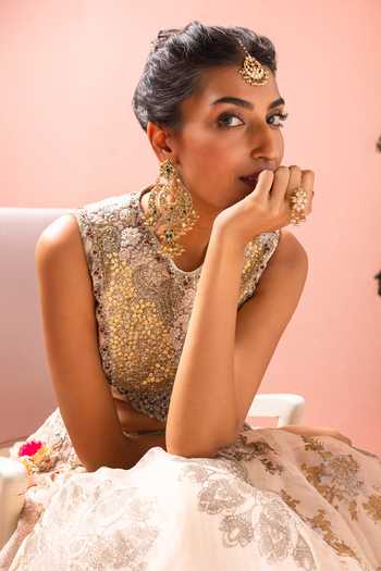 Buy_Bhumika Sharma_Gold Organza High Neck Farya Embroidered Blouse Skirt Set _Online_at_Aza_Fashions