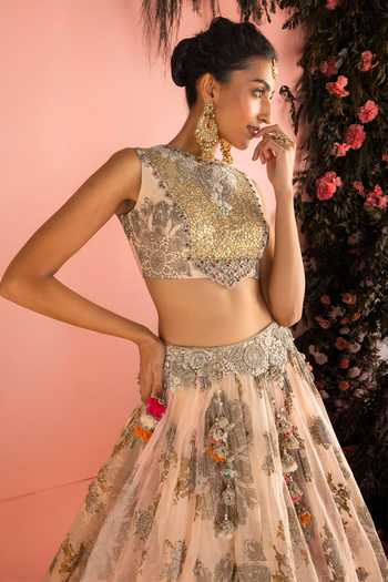 Shop_Bhumika Sharma_Gold Organza High Neck Farya Embroidered Blouse Skirt Set _Online_at_Aza_Fashions