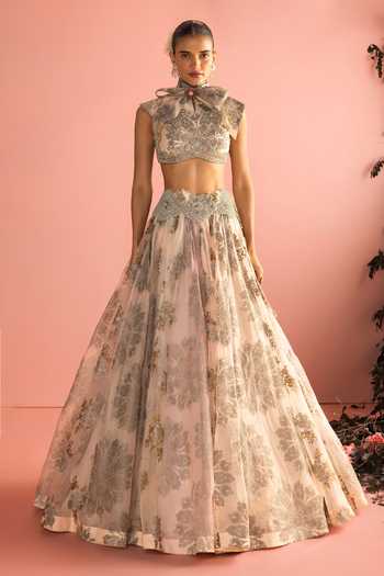 Buy_Bhumika Sharma_Gold Organza High Neck Gilsha Embroidered Skirt And Blouse Set _at_Aza_Fashions