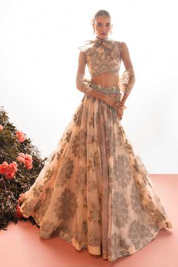 Buy_Bhumika Sharma_Gold Organza High Neck Gilsha Embroidered Skirt And Blouse Set _Online_at_Aza_Fashions