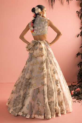 Shop_Bhumika Sharma_Gold Organza High Neck Gilsha Embroidered Skirt And Blouse Set _at_Aza_Fashions