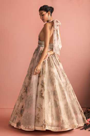 Shop_Bhumika Sharma_Gold Organza Halter Neck Nasrin Embroidered Anarkali _at_Aza_Fashions