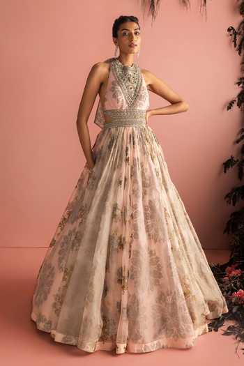 Bhumika Sharma_Gold Organza Halter Neck Nasrin Embroidered Anarkali _Online_at_Aza_Fashions