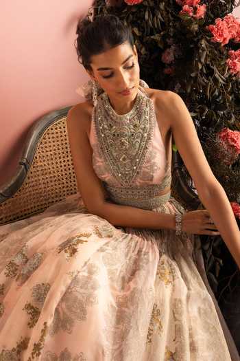 Buy_Bhumika Sharma_Gold Organza Halter Neck Nasrin Embroidered Anarkali _Online_at_Aza_Fashions