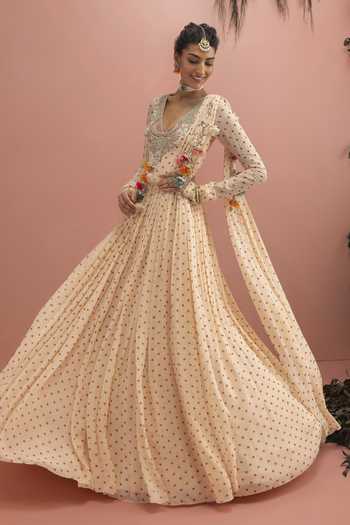 Bhumika Sharma_Beige Georgette V-neck Ismat Printed Anarkali _Online_at_Aza_Fashions