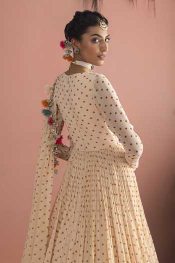 Shop_Bhumika Sharma_Beige Georgette V-neck Ismat Printed Anarkali _at_Aza_Fashions